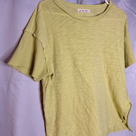 Free People Washed Out Slub Knit Textured Sleeve Tee Shirt Yellow XS - Picture 2 of 7